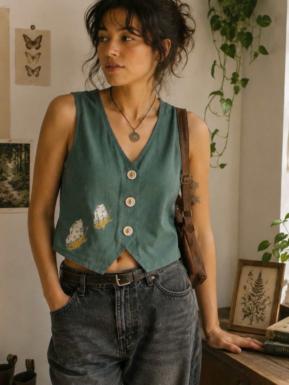 Vintage 90s Butterfly Button Front Crop Vest | Indie Botanical Cottagecore